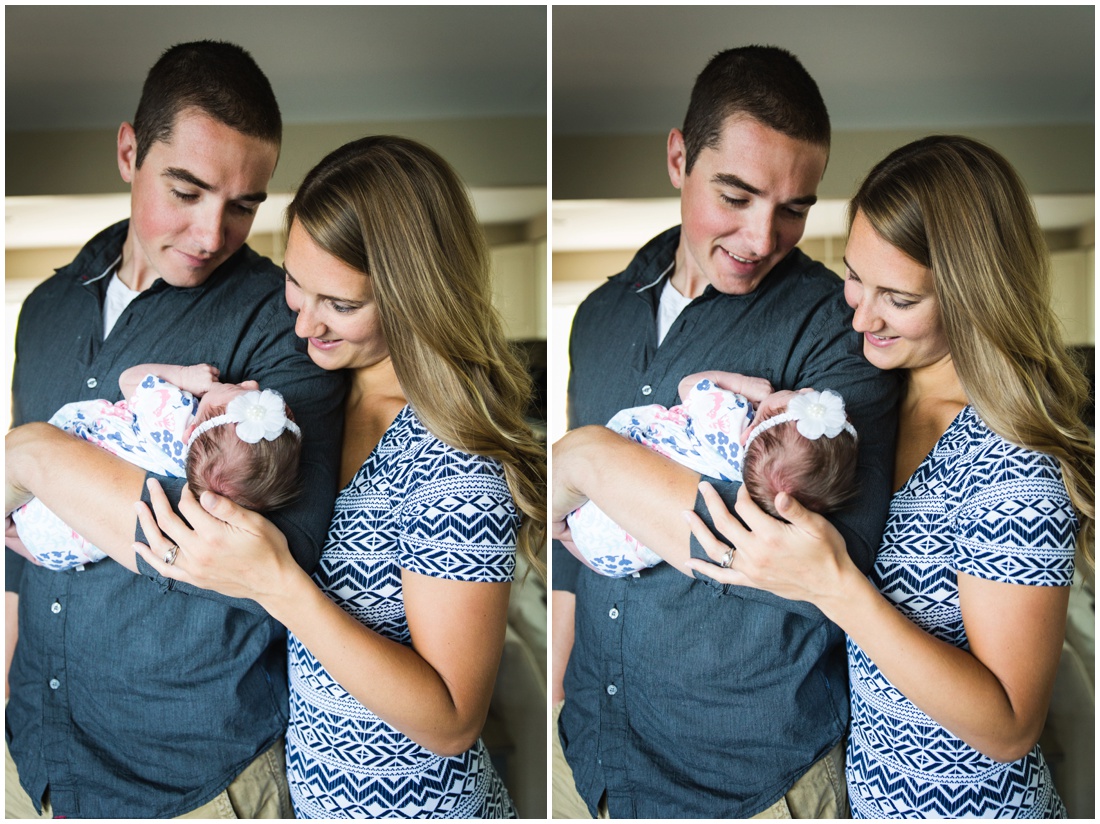 Chatham ON Lifestyle Newborn Photographer, Brittany VanRuymbeke Photos + Films, new parents holding newborn daughter