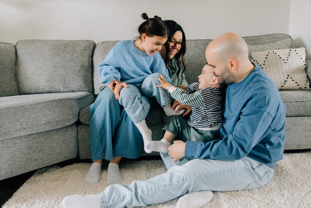Authentic family photography moment with colourful outfits, Sarnia or Chatham-Kent family photographer.