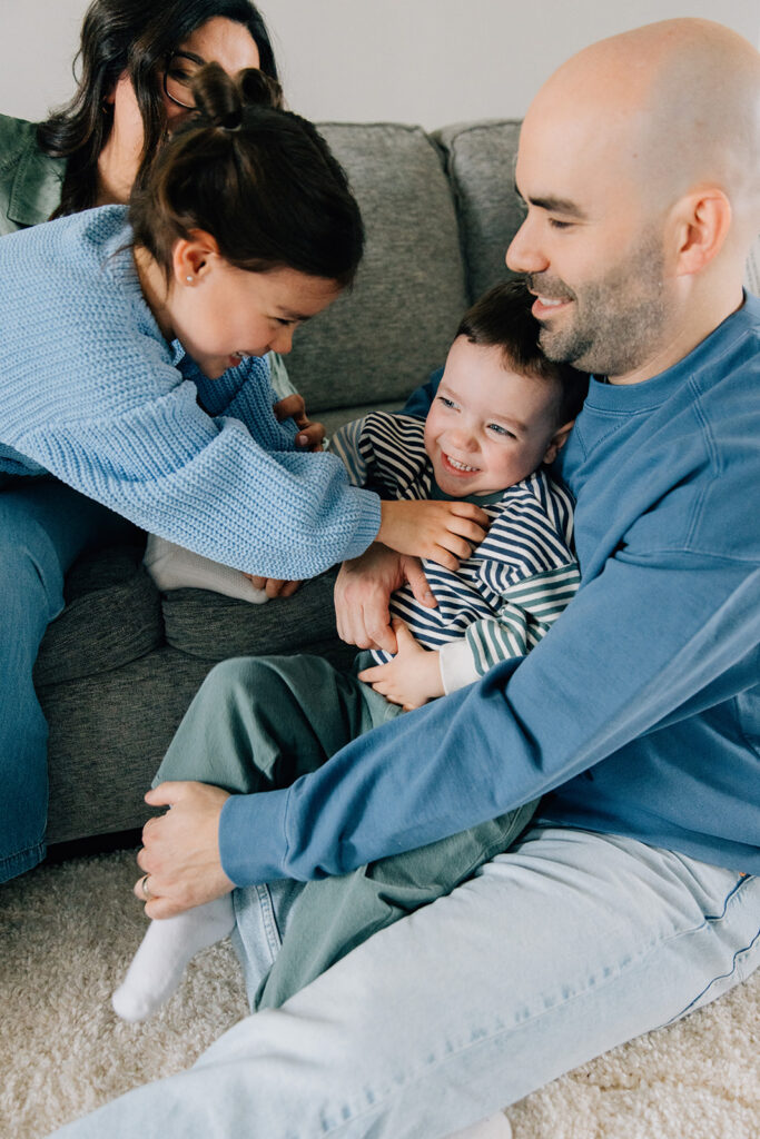 Authentic family photography moment with colourful outfits, Sarnia or Chatham-Kent family photographer.